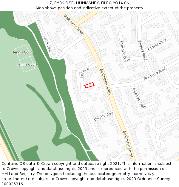 7, PARK RISE, HUNMANBY, FILEY, YO14 0NJ: Location map and indicative extent of plot
