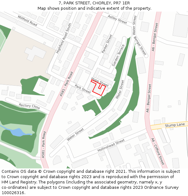 7, PARK STREET, CHORLEY, PR7 1ER: Location map and indicative extent of plot