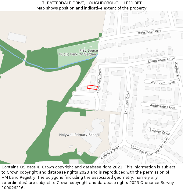 7, PATTERDALE DRIVE, LOUGHBOROUGH, LE11 3RT: Location map and indicative extent of plot