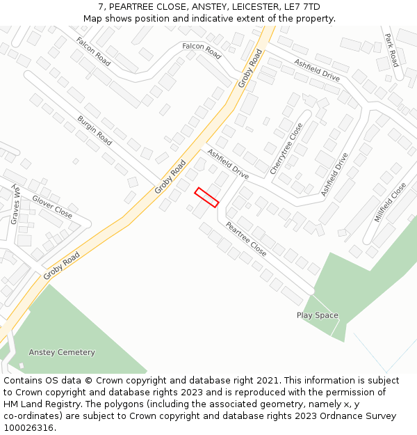 7, PEARTREE CLOSE, ANSTEY, LEICESTER, LE7 7TD: Location map and indicative extent of plot