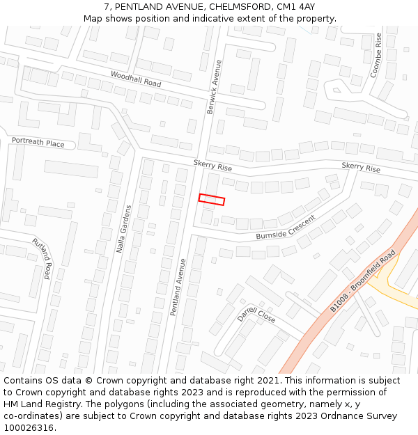 7, PENTLAND AVENUE, CHELMSFORD, CM1 4AY: Location map and indicative extent of plot
