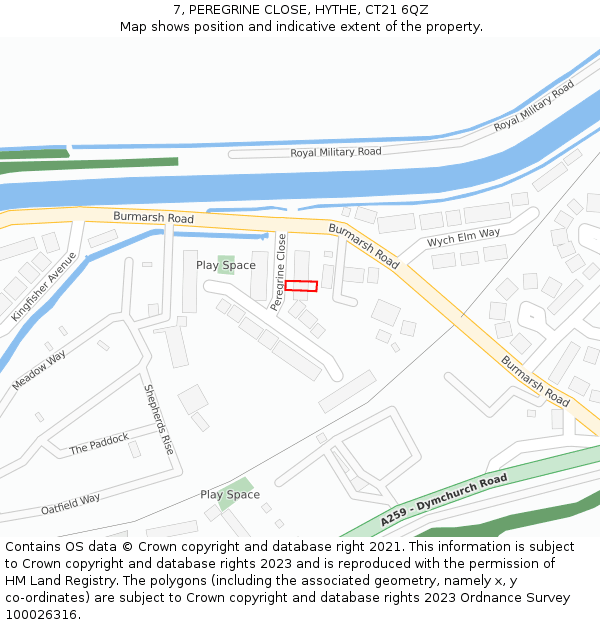 7, PEREGRINE CLOSE, HYTHE, CT21 6QZ: Location map and indicative extent of plot