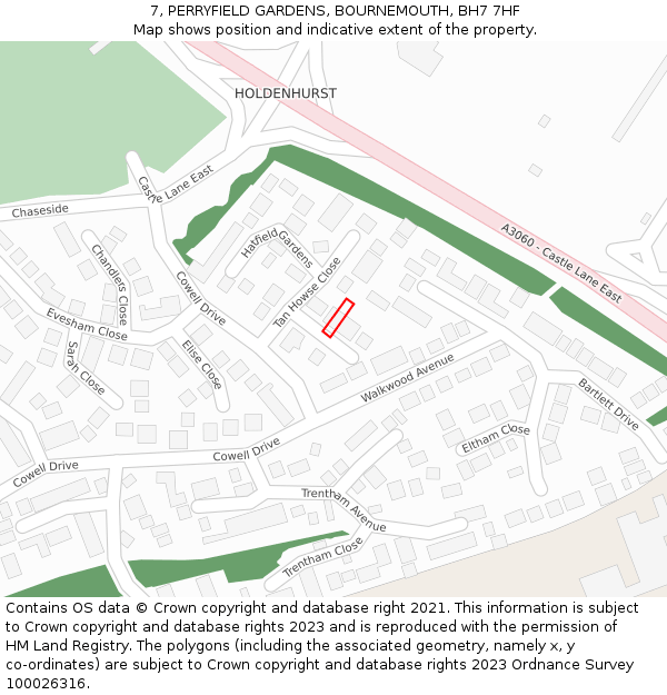 7, PERRYFIELD GARDENS, BOURNEMOUTH, BH7 7HF: Location map and indicative extent of plot