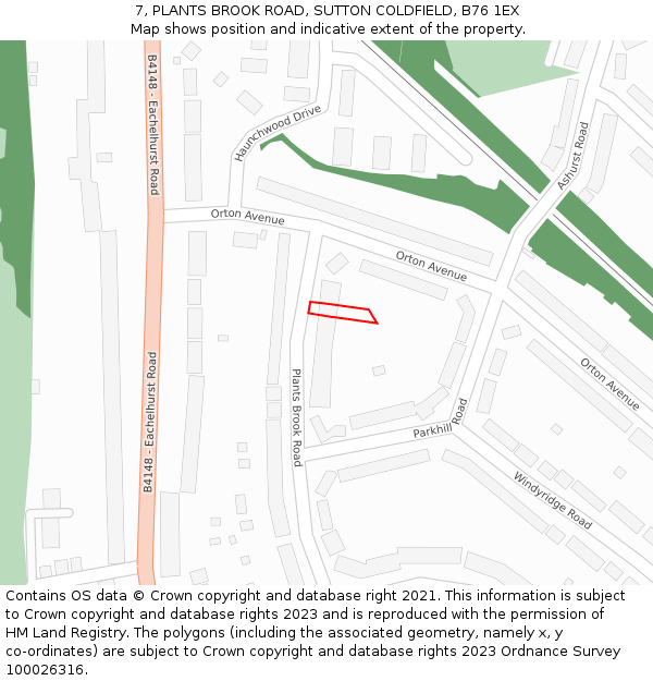 7, PLANTS BROOK ROAD, SUTTON COLDFIELD, B76 1EX: Location map and indicative extent of plot