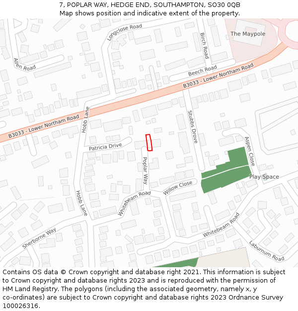 7, POPLAR WAY, HEDGE END, SOUTHAMPTON, SO30 0QB: Location map and indicative extent of plot
