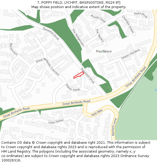 7, POPPY FIELD, LYCHPIT, BASINGSTOKE, RG24 8TJ: Location map and indicative extent of plot