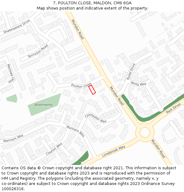7, POULTON CLOSE, MALDON, CM9 6GA: Location map and indicative extent of plot