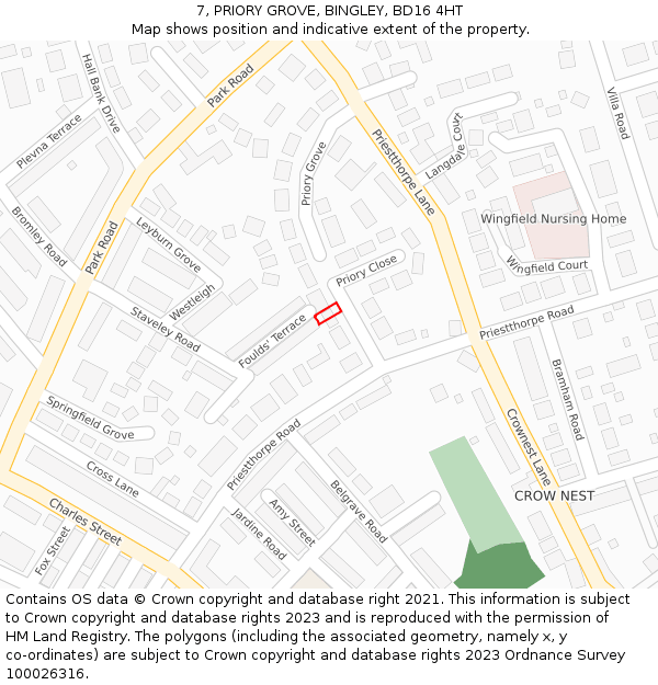 7, PRIORY GROVE, BINGLEY, BD16 4HT: Location map and indicative extent of plot
