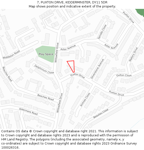 7, PUXTON DRIVE, KIDDERMINSTER, DY11 5DR: Location map and indicative extent of plot