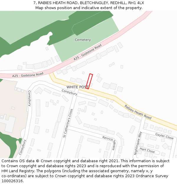 7, RABIES HEATH ROAD, BLETCHINGLEY, REDHILL, RH1 4LX: Location map and indicative extent of plot
