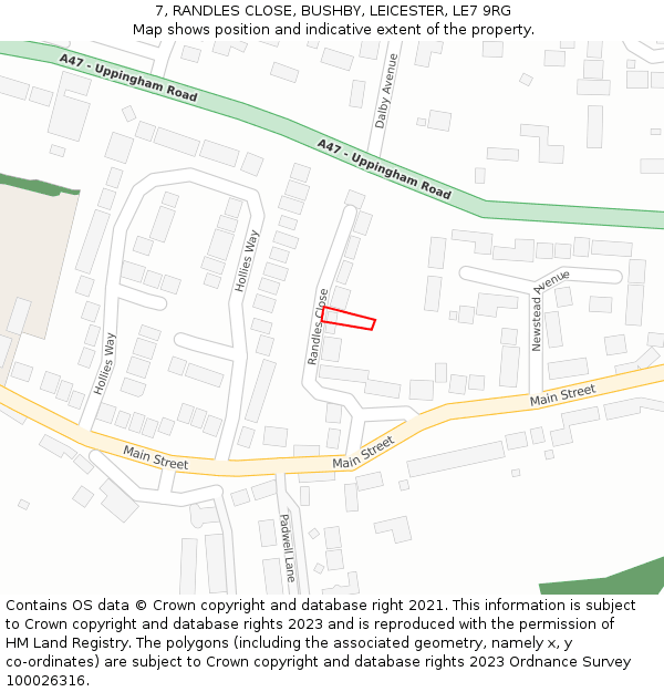 7, RANDLES CLOSE, BUSHBY, LEICESTER, LE7 9RG: Location map and indicative extent of plot