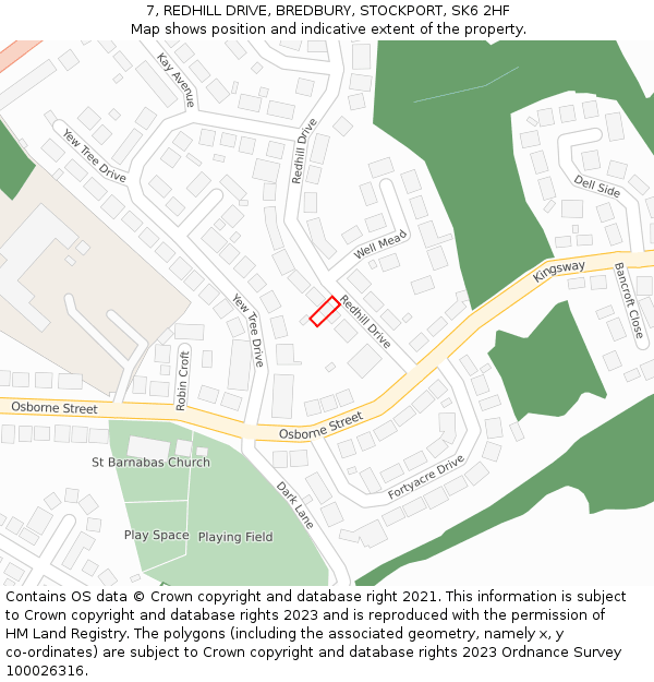 7, REDHILL DRIVE, BREDBURY, STOCKPORT, SK6 2HF: Location map and indicative extent of plot