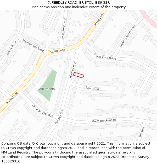 7, REEDLEY ROAD, BRISTOL, BS9 3SR: Location map and indicative extent of plot