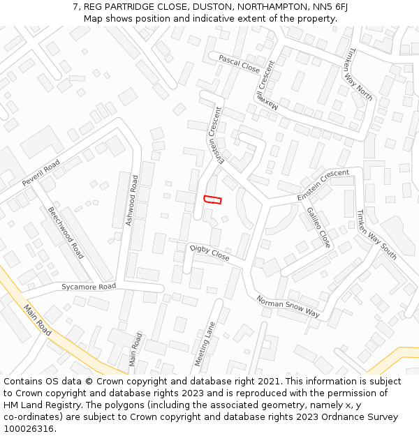7, REG PARTRIDGE CLOSE, DUSTON, NORTHAMPTON, NN5 6FJ: Location map and indicative extent of plot