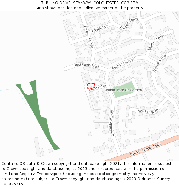 7, RHINO DRIVE, STANWAY, COLCHESTER, CO3 8BA: Location map and indicative extent of plot
