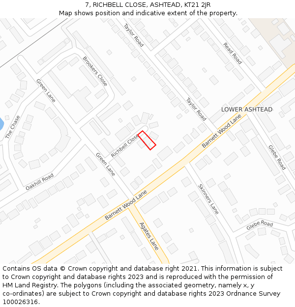 7, RICHBELL CLOSE, ASHTEAD, KT21 2JR: Location map and indicative extent of plot