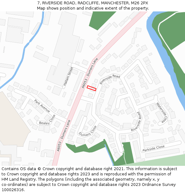 7, RIVERSIDE ROAD, RADCLIFFE, MANCHESTER, M26 2PX: Location map and indicative extent of plot