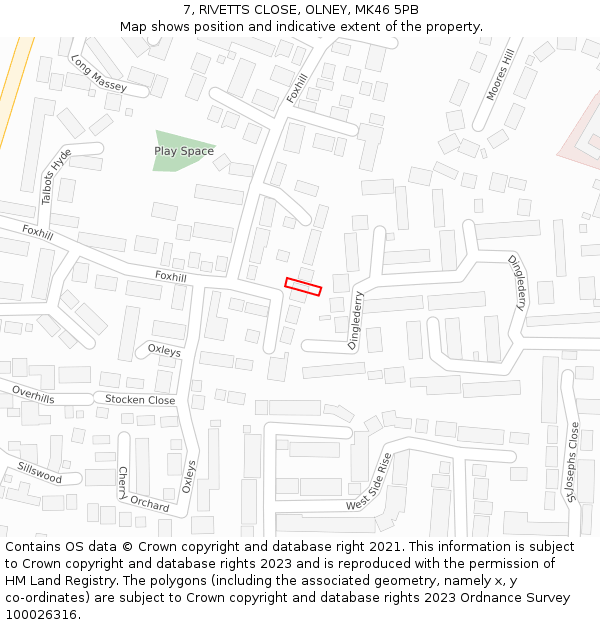 7, RIVETTS CLOSE, OLNEY, MK46 5PB: Location map and indicative extent of plot