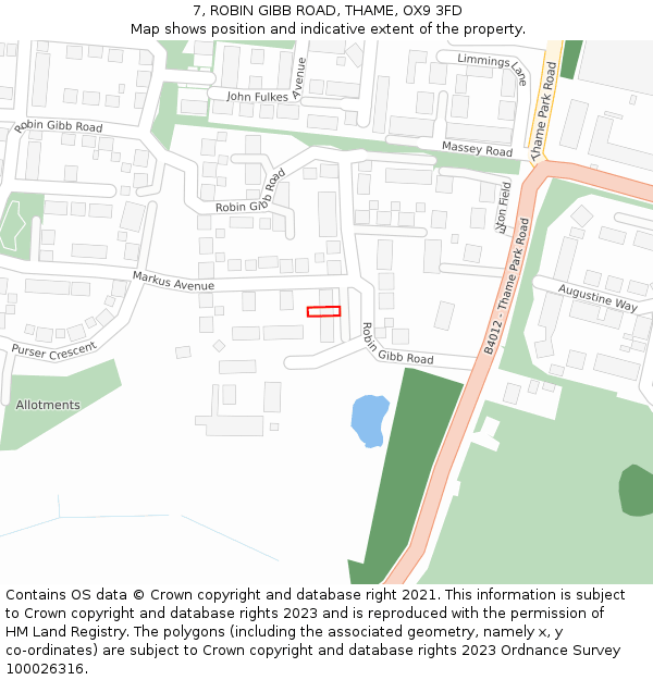 7, ROBIN GIBB ROAD, THAME, OX9 3FD: Location map and indicative extent of plot