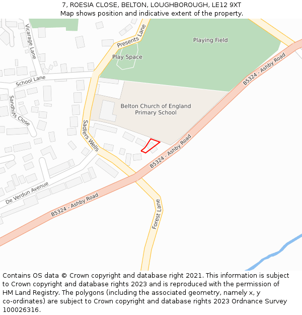 7, ROESIA CLOSE, BELTON, LOUGHBOROUGH, LE12 9XT: Location map and indicative extent of plot