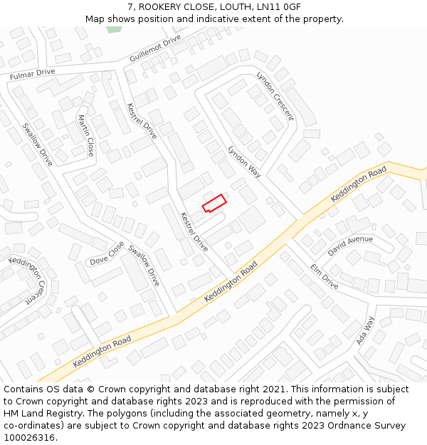 7, ROOKERY CLOSE, LOUTH, LN11 0GF: Location map and indicative extent of plot