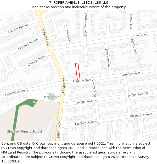7, ROPER AVENUE, LEEDS, LS8 1LG: Location map and indicative extent of plot