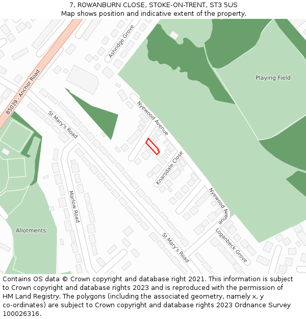 7, ROWANBURN CLOSE, STOKE-ON-TRENT, ST3 5US: Location map and indicative extent of plot