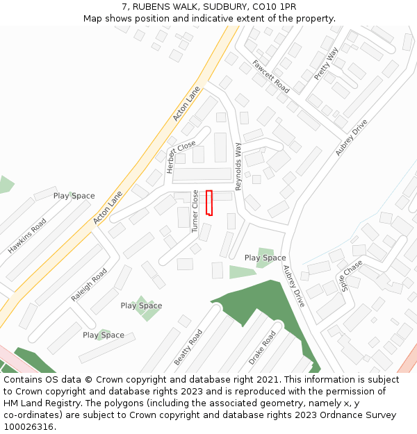 7, RUBENS WALK, SUDBURY, CO10 1PR: Location map and indicative extent of plot