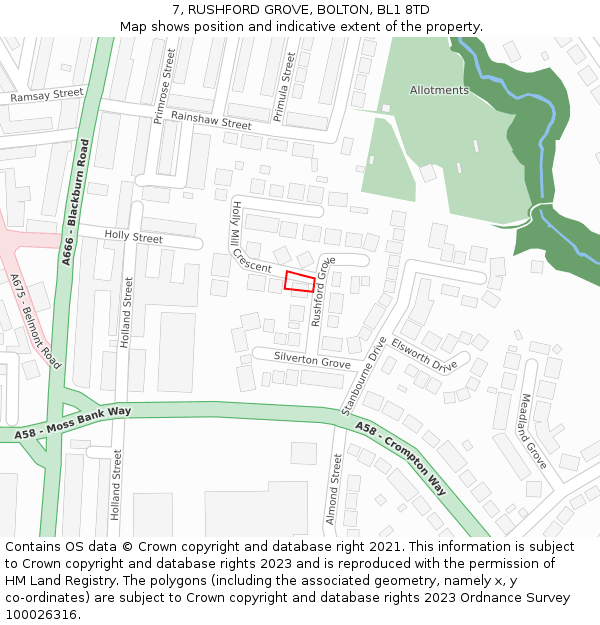 7, RUSHFORD GROVE, BOLTON, BL1 8TD: Location map and indicative extent of plot