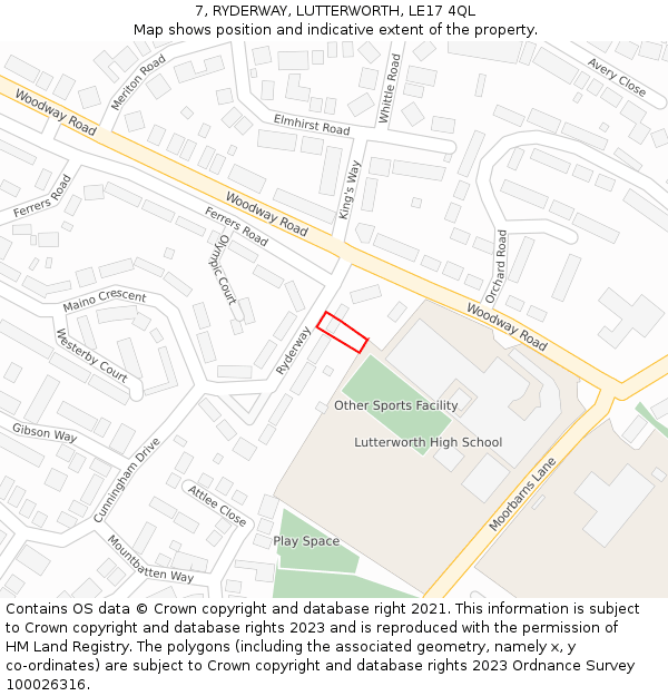 7, RYDERWAY, LUTTERWORTH, LE17 4QL: Location map and indicative extent of plot