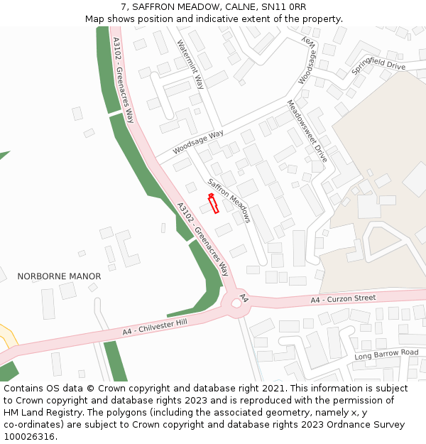 7, SAFFRON MEADOW, CALNE, SN11 0RR: Location map and indicative extent of plot