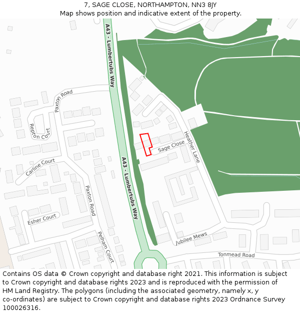 7, SAGE CLOSE, NORTHAMPTON, NN3 8JY: Location map and indicative extent of plot