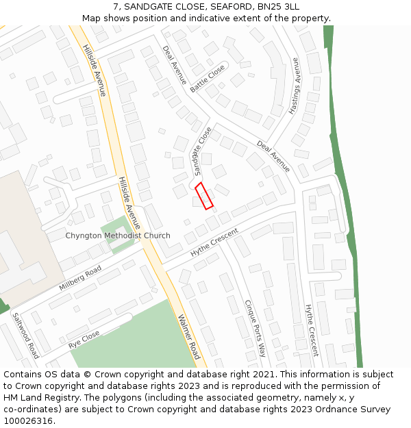 7, SANDGATE CLOSE, SEAFORD, BN25 3LL: Location map and indicative extent of plot