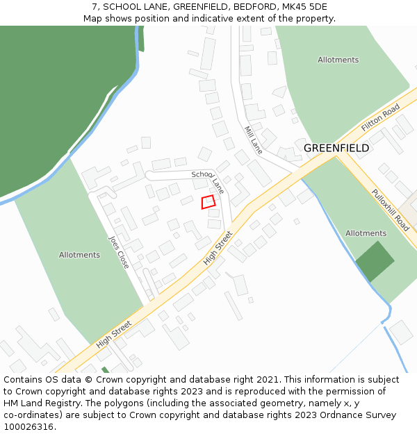 7, SCHOOL LANE, GREENFIELD, BEDFORD, MK45 5DE: Location map and indicative extent of plot