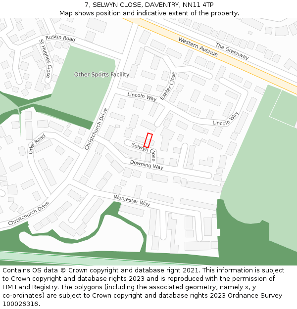 7, SELWYN CLOSE, DAVENTRY, NN11 4TP: Location map and indicative extent of plot