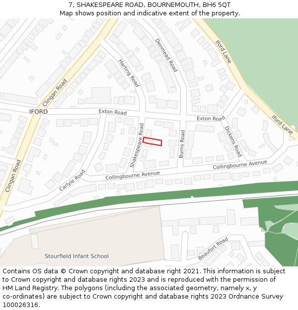 7, SHAKESPEARE ROAD, BOURNEMOUTH, BH6 5QT: Location map and indicative extent of plot
