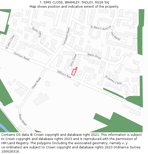 7, SIMS CLOSE, BRAMLEY, TADLEY, RG26 5XJ: Location map and indicative extent of plot