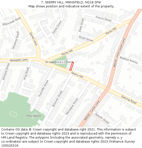 7, SKERRY HILL, MANSFIELD, NG18 2PW: Location map and indicative extent of plot