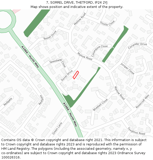 7, SORREL DRIVE, THETFORD, IP24 2YJ: Location map and indicative extent of plot