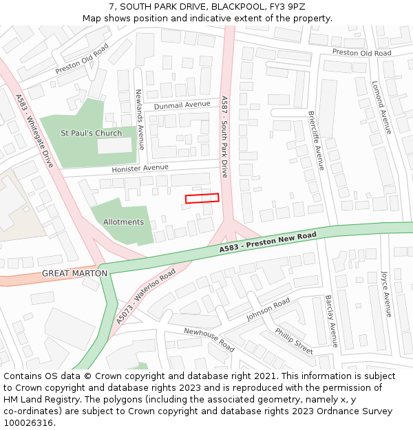 7, SOUTH PARK DRIVE, BLACKPOOL, FY3 9PZ: Location map and indicative extent of plot
