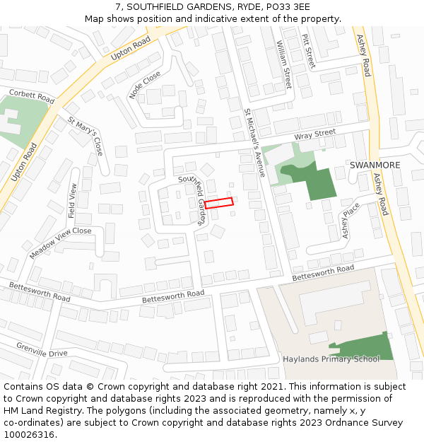 7, SOUTHFIELD GARDENS, RYDE, PO33 3EE: Location map and indicative extent of plot