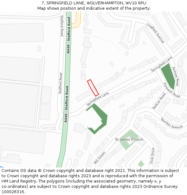 7, SPRINGFIELD LANE, WOLVERHAMPTON, WV10 6PU: Location map and indicative extent of plot