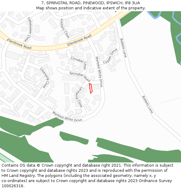 7, SPRINGTAIL ROAD, PINEWOOD, IPSWICH, IP8 3UA: Location map and indicative extent of plot
