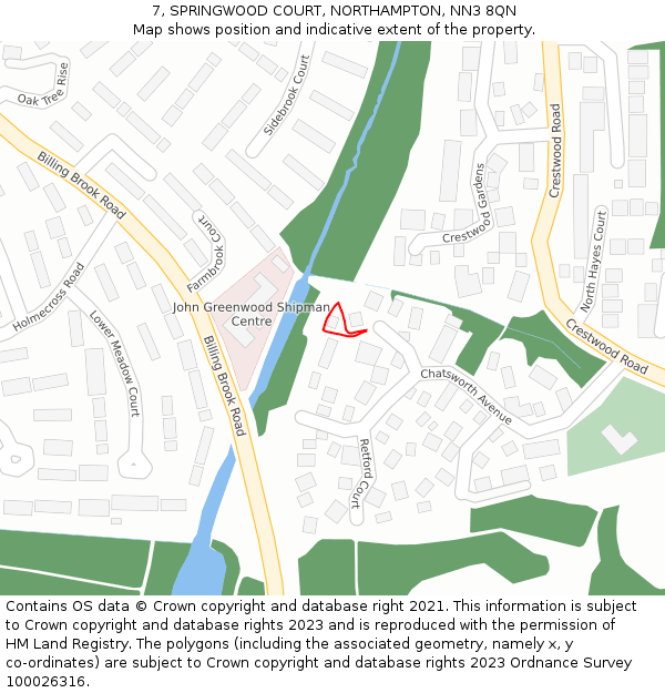 7, SPRINGWOOD COURT, NORTHAMPTON, NN3 8QN: Location map and indicative extent of plot