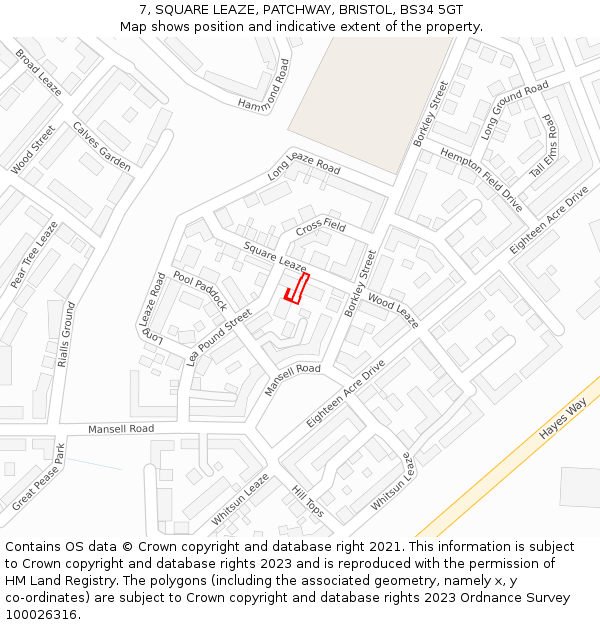 7, SQUARE LEAZE, PATCHWAY, BRISTOL, BS34 5GT: Location map and indicative extent of plot