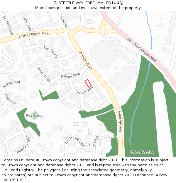 7, STEEPLE WAY, FAREHAM, PO14 4QJ: Location map and indicative extent of plot