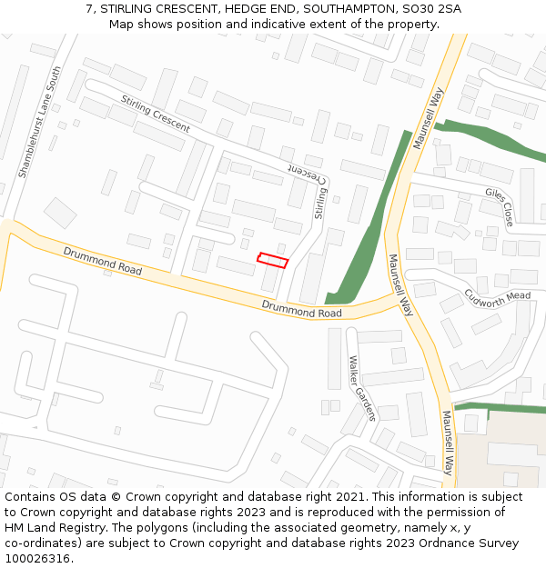 7, STIRLING CRESCENT, HEDGE END, SOUTHAMPTON, SO30 2SA: Location map and indicative extent of plot