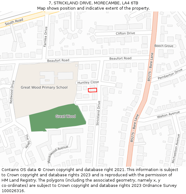 7, STRICKLAND DRIVE, MORECAMBE, LA4 6TB: Location map and indicative extent of plot