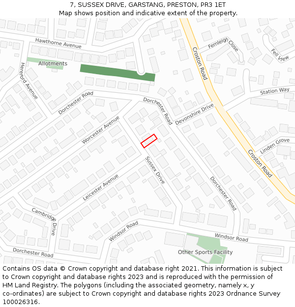 7, SUSSEX DRIVE, GARSTANG, PRESTON, PR3 1ET: Location map and indicative extent of plot