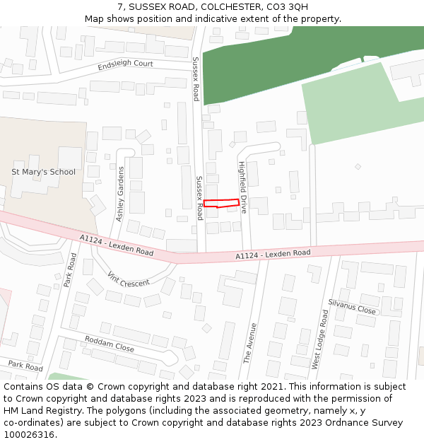 7, SUSSEX ROAD, COLCHESTER, CO3 3QH: Location map and indicative extent of plot